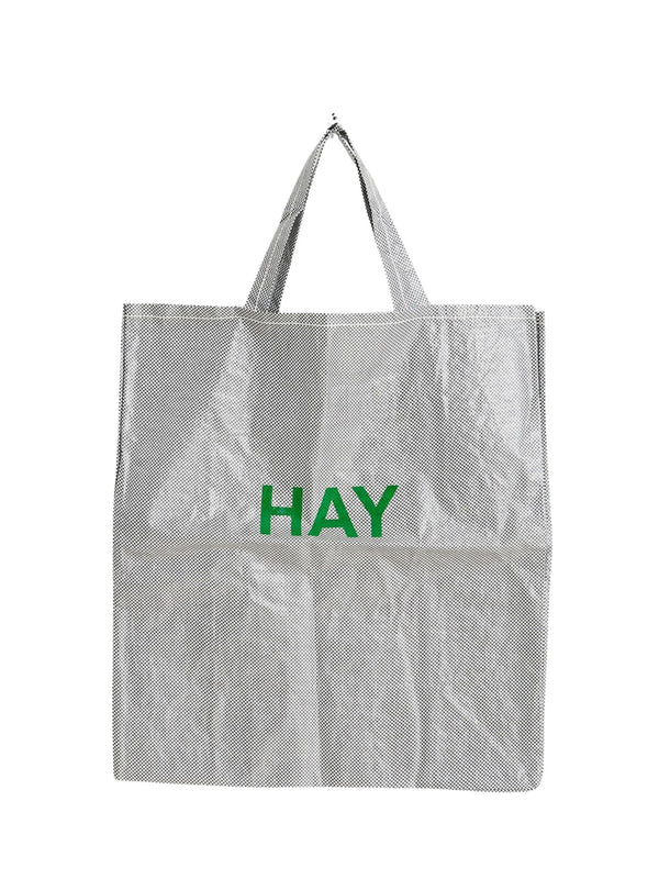 Gray tote bag with 'HAY' printed in green on a white background