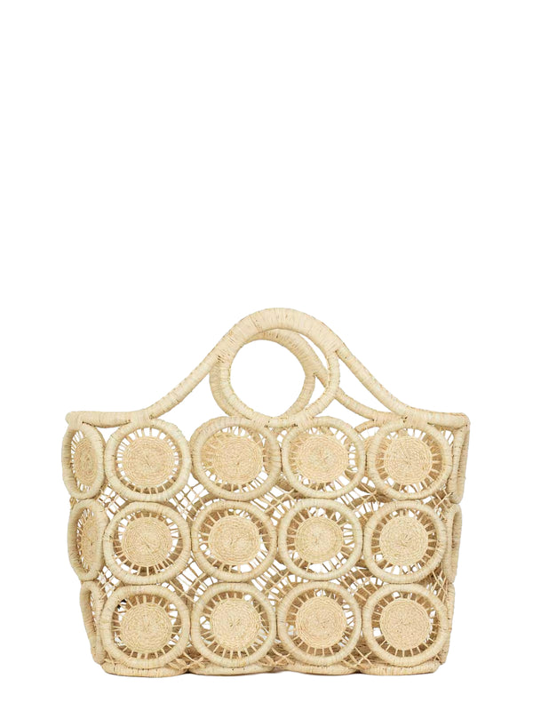 Beige woven handbag with circular patterns on a white background