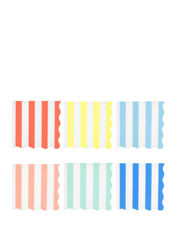 Six striped paper napkins with scalloped edges, arranged in two rows of three on a white background. The napkins feature vertical stripes in various pastel and bright colors including coral, yellow, light blue, peach, mint green, and royal blue.