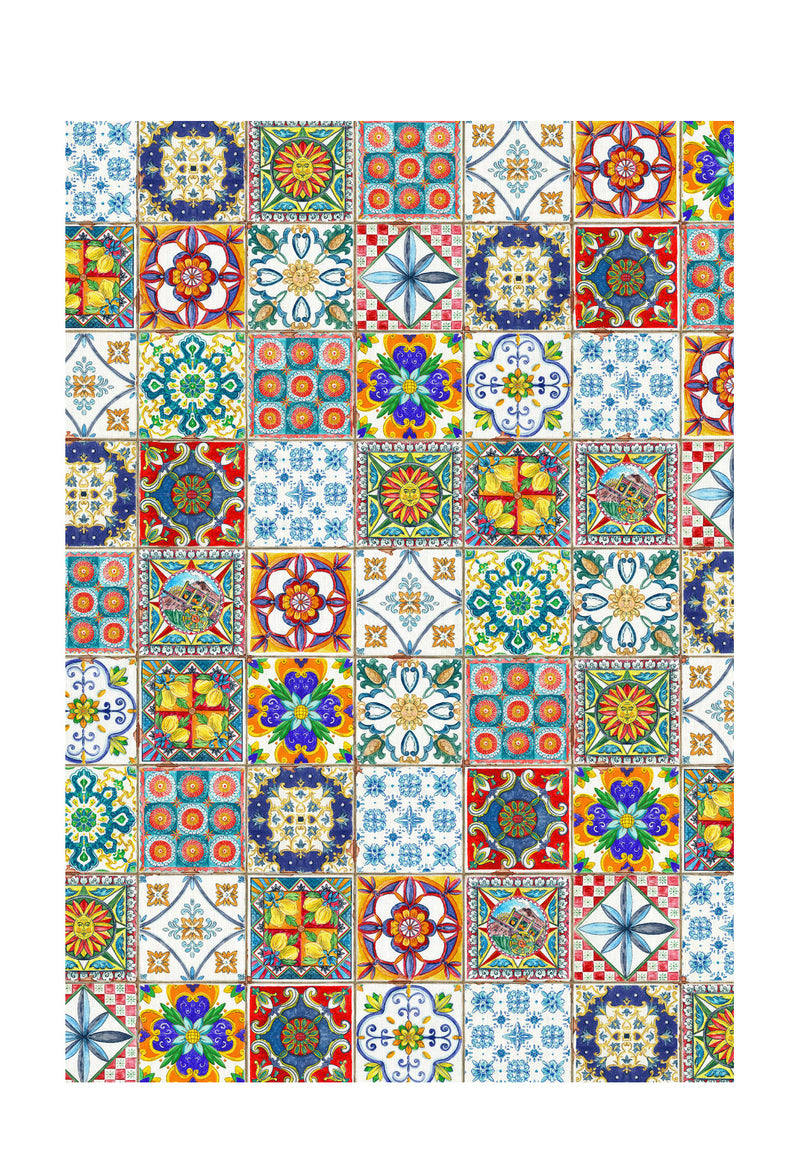 Different, colorful and decorative tiles have inspired the patchwork-like appearence of the Camastra cotton tableloth that has bright yellow, oranges, turquoise, dark blue, green and red that are all typical in the Italian tile making tradition.