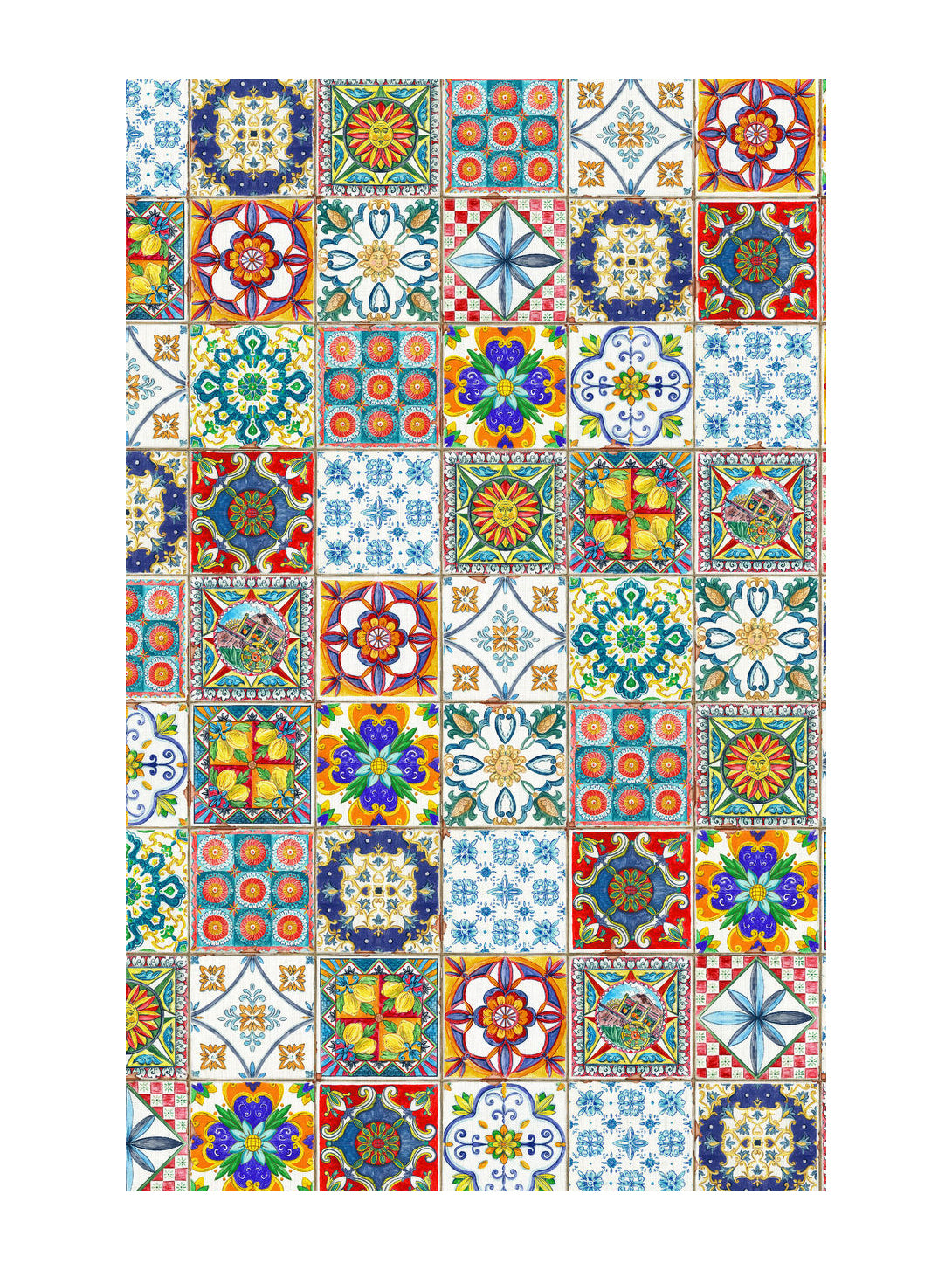 Colorful patterned tiles arranged in a grid on a white background