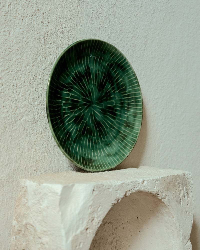 Green ceramic plate on a textured surface with a neutral background