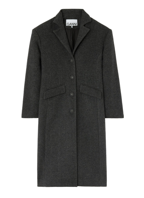 A dark charcoal gray wool-blend coat by GANNI, featuring a notched lapel, three front buttons, and flap pockets, shown on a plain white background.