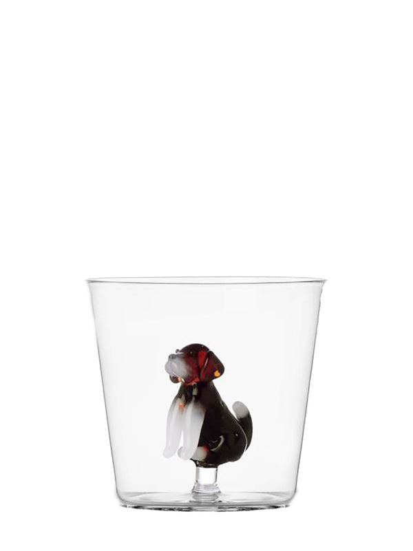 Dog tumbler, black and brown English Foxhound
