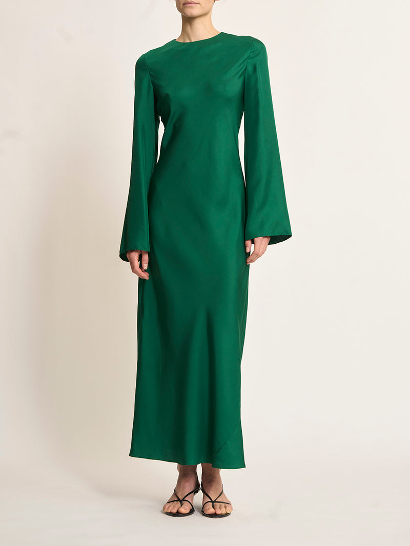 Fluid silk dress, emerald green