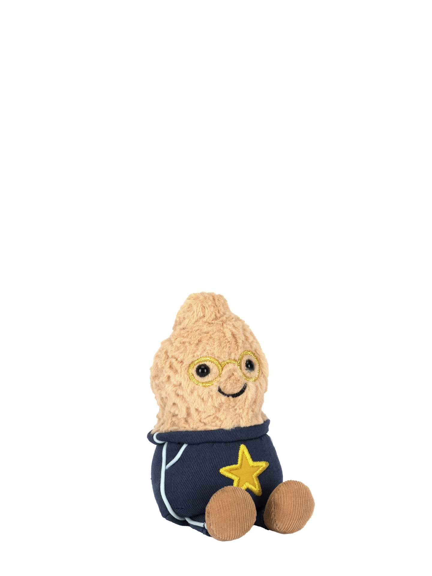Plush toy resembling a character in a blue outfit with a yellow star on a white background
