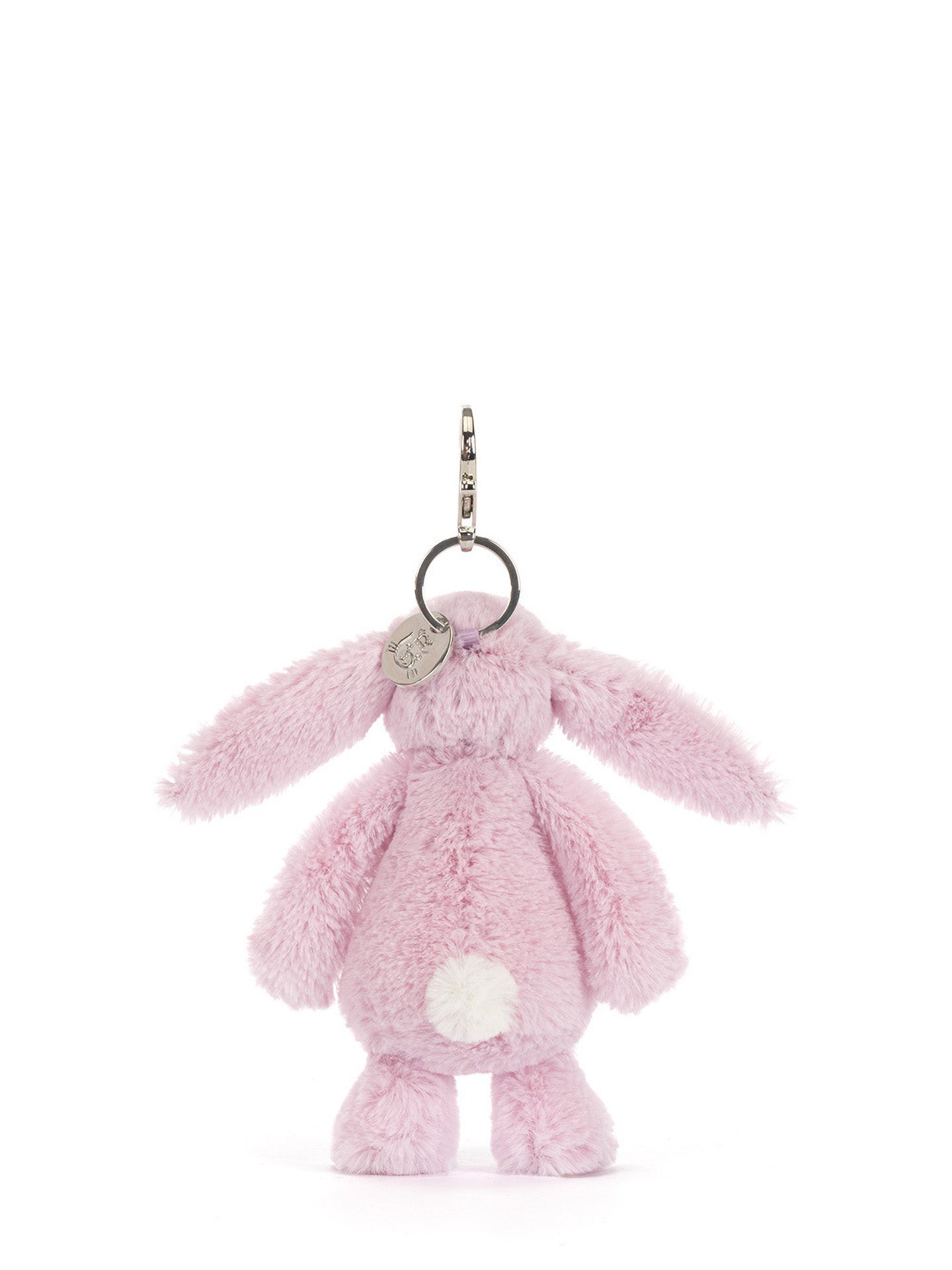 Pink plush bunny keychain on a white background