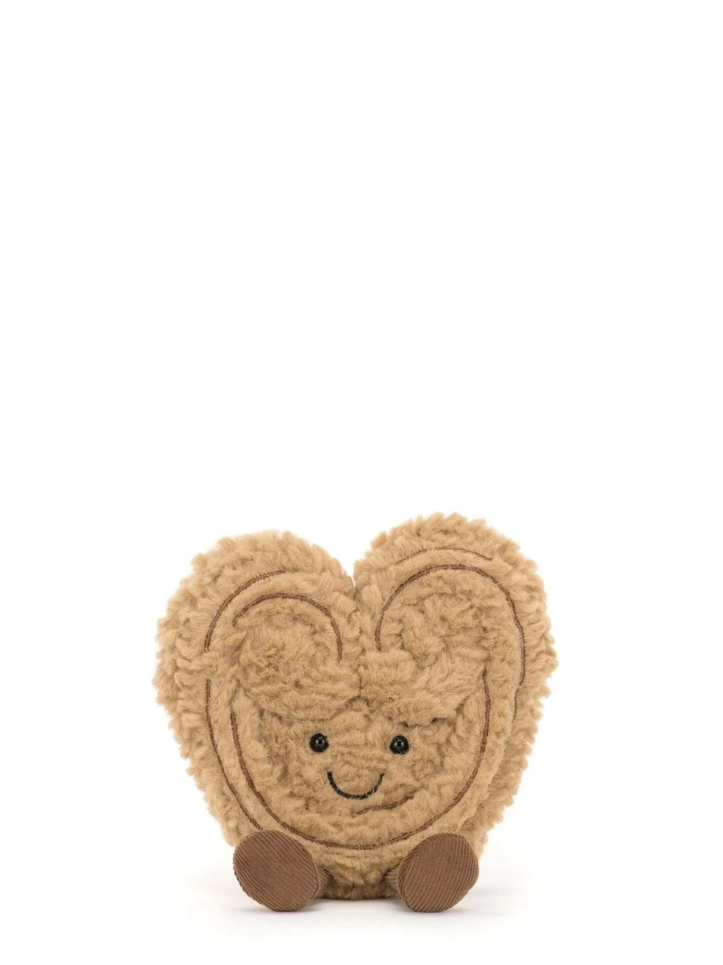 Heart-shaped plush toy with a smiling face on a white background