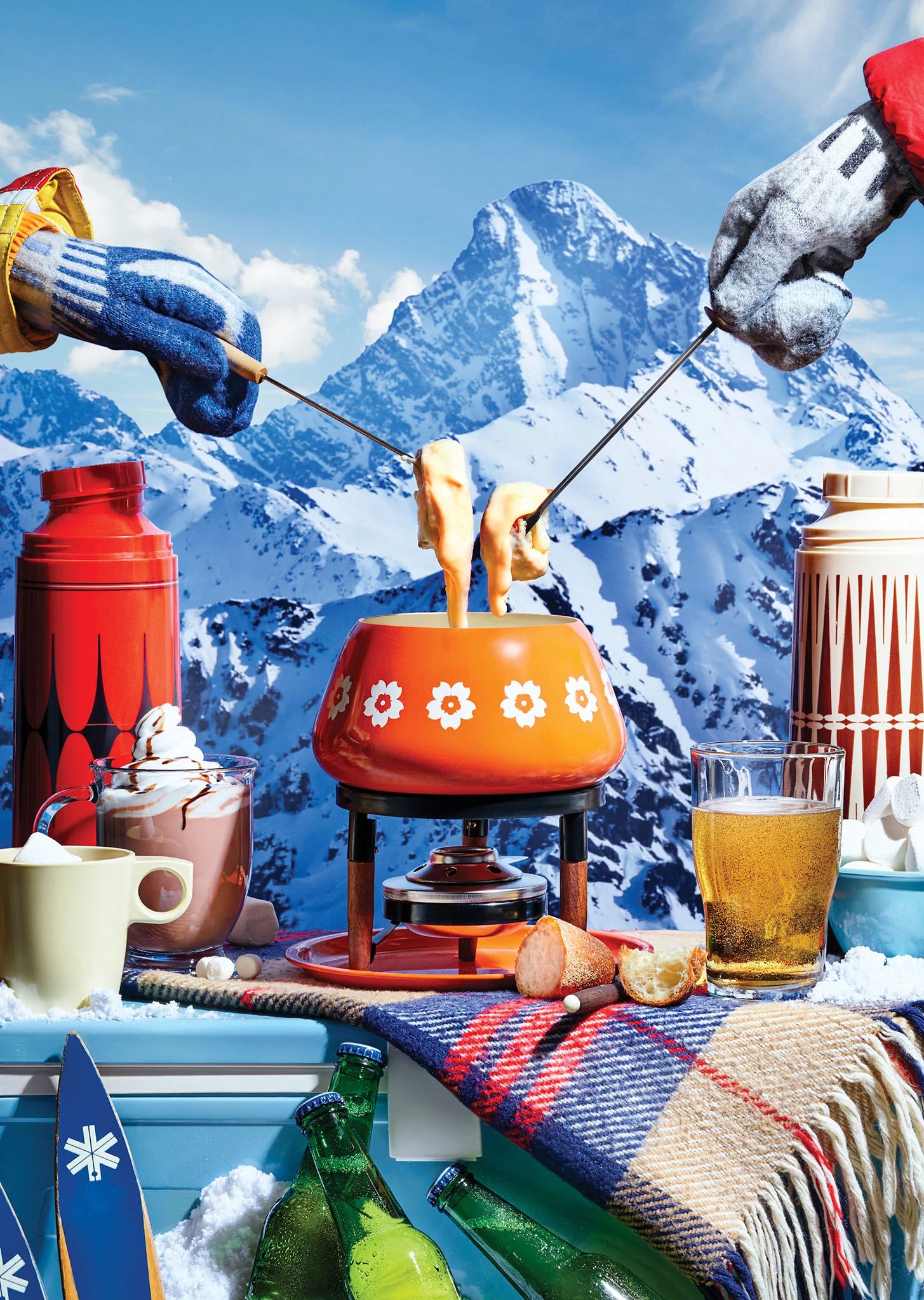 Fondue setup with mountain backdrop