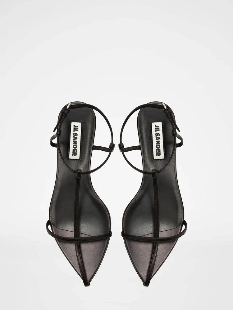 Pointed-toe leather flat sandals, black