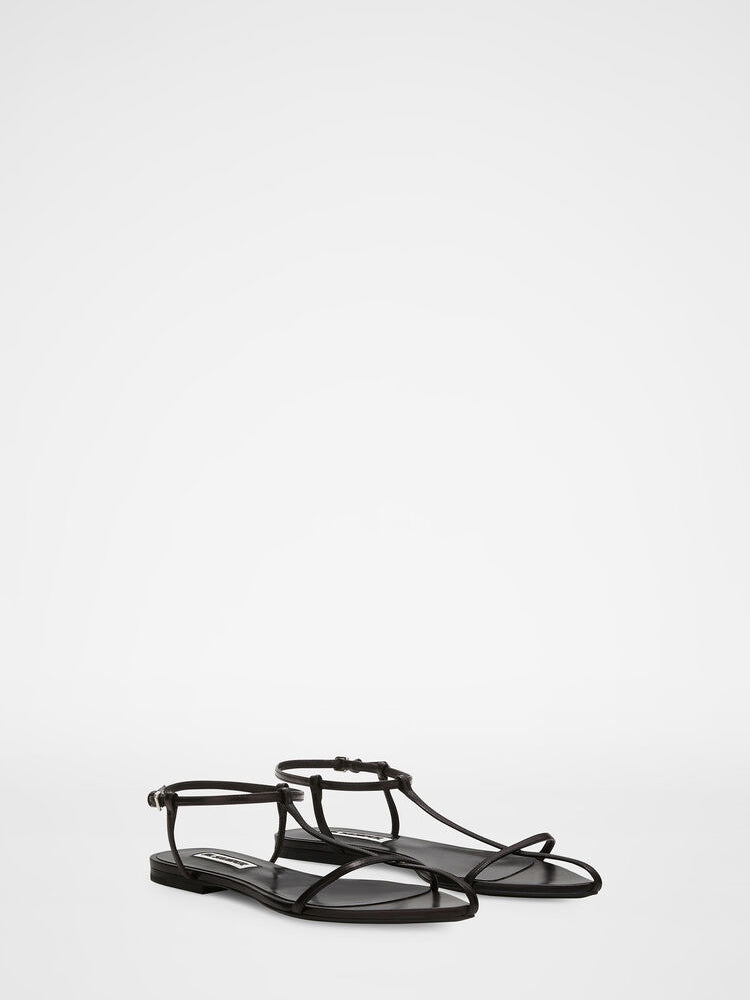 Pointed-toe leather flat sandals, black