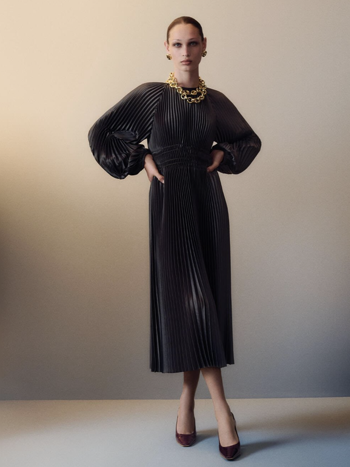 Ortiz Pleated Woven Dress, Cocoa