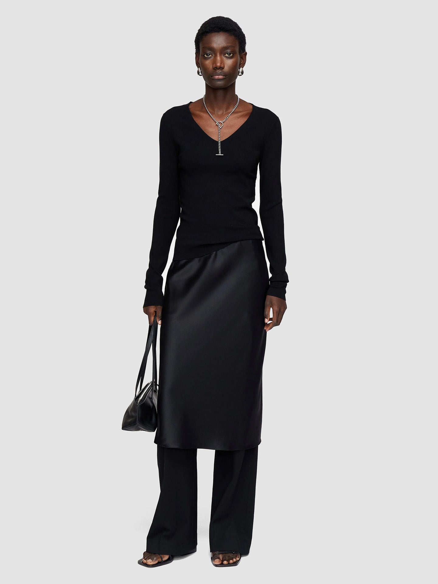 Silk Stretch V Neck Top, Black