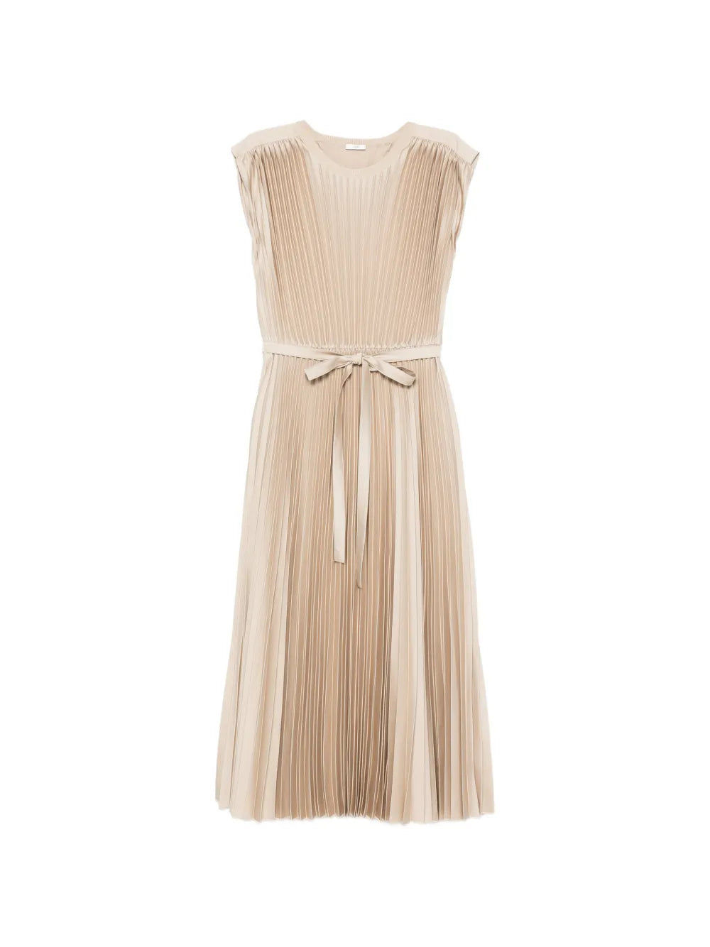 Beige pleated dress with a belt on a white background