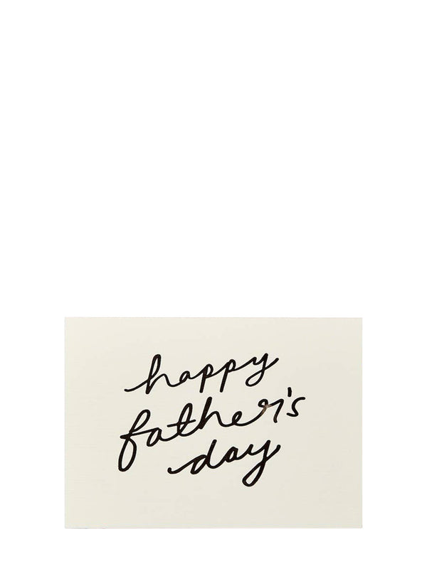 A minimalist cream-colored greeting card with 'happy father's day' written in black cursive script, shown against a solid white background.