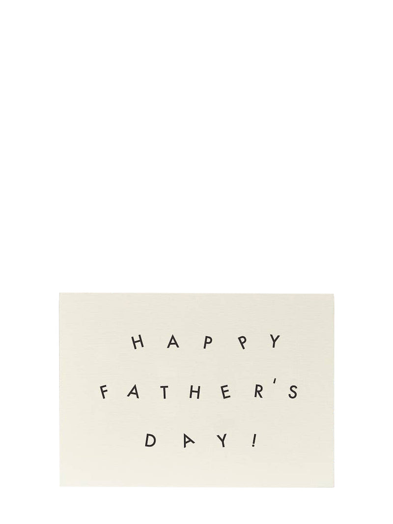 A minimalist cream-colored greeting card with the words 'HAPPY FATHER'S DAY!' printed in a black handwritten-style font, centered on a solid white background.