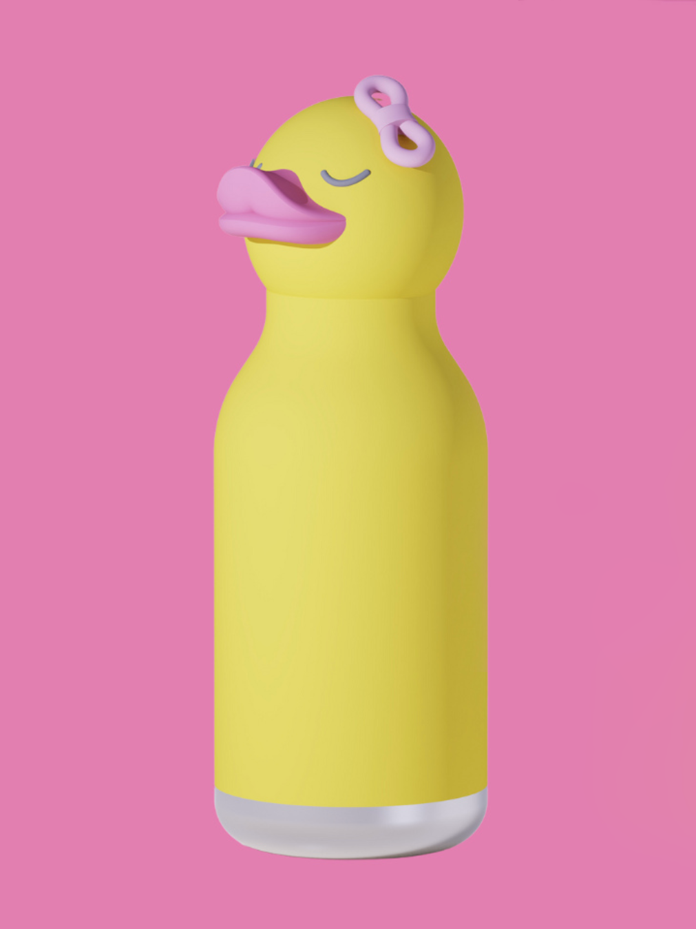 Yellow duck-shaped bottle with a pink flower on a pink background