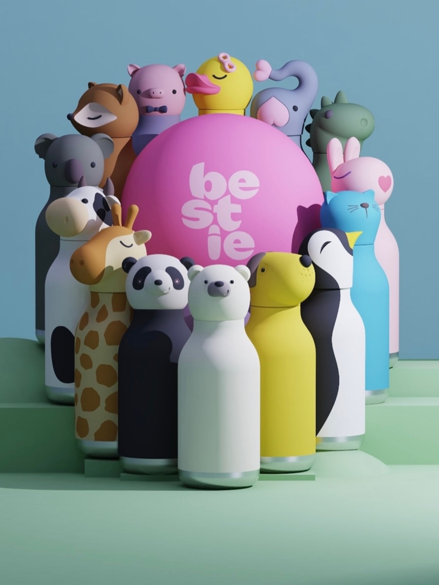 Set of colorful animal-themed water bottles with a pink ball labeled 'bestie' on a green and blue gradient background.