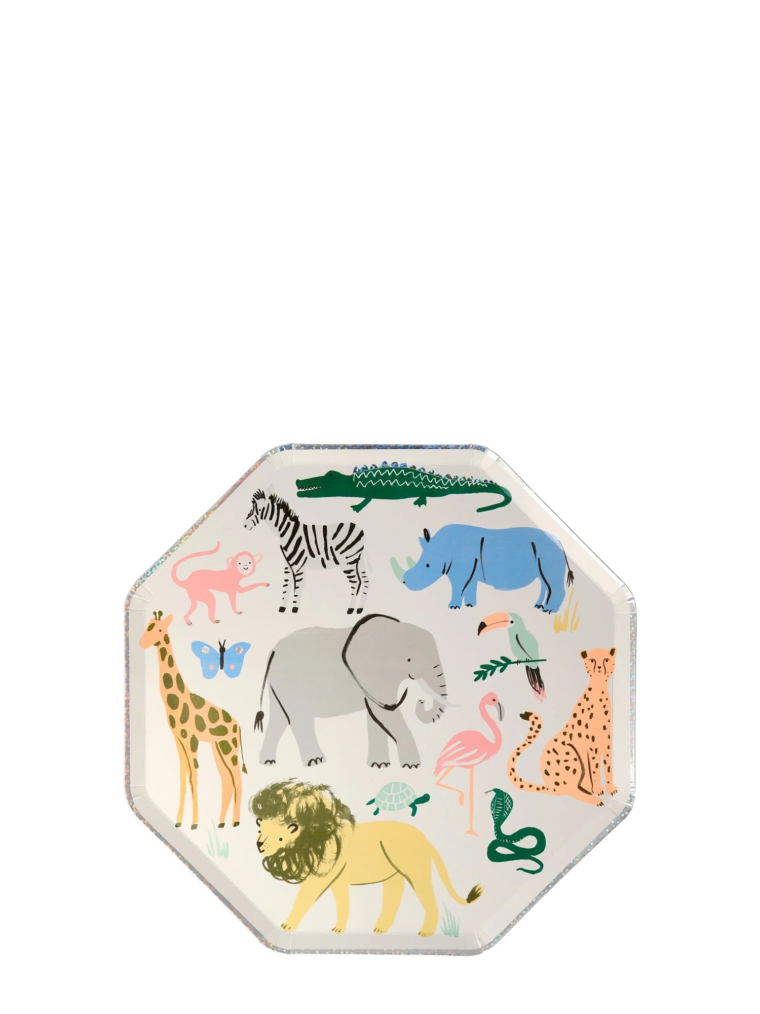 Decorative plate with colorful illustrations of various animals on a white background