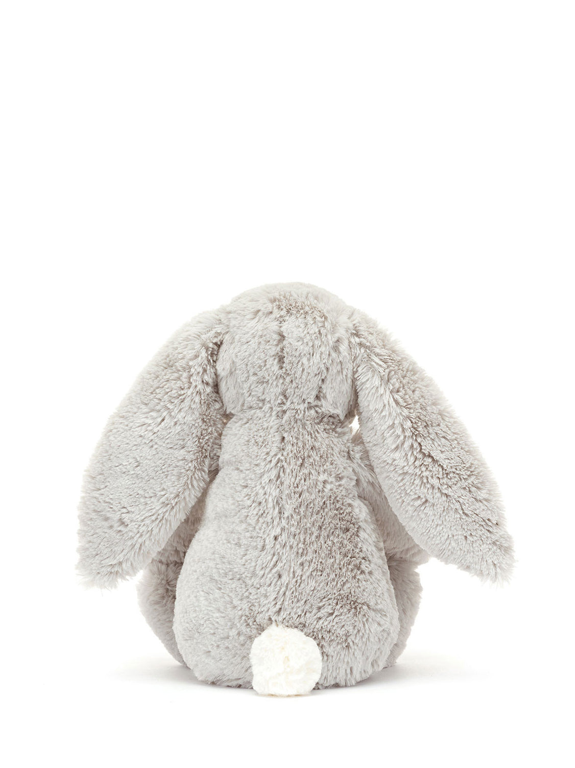 Fluffy gray bunny toy on a white background