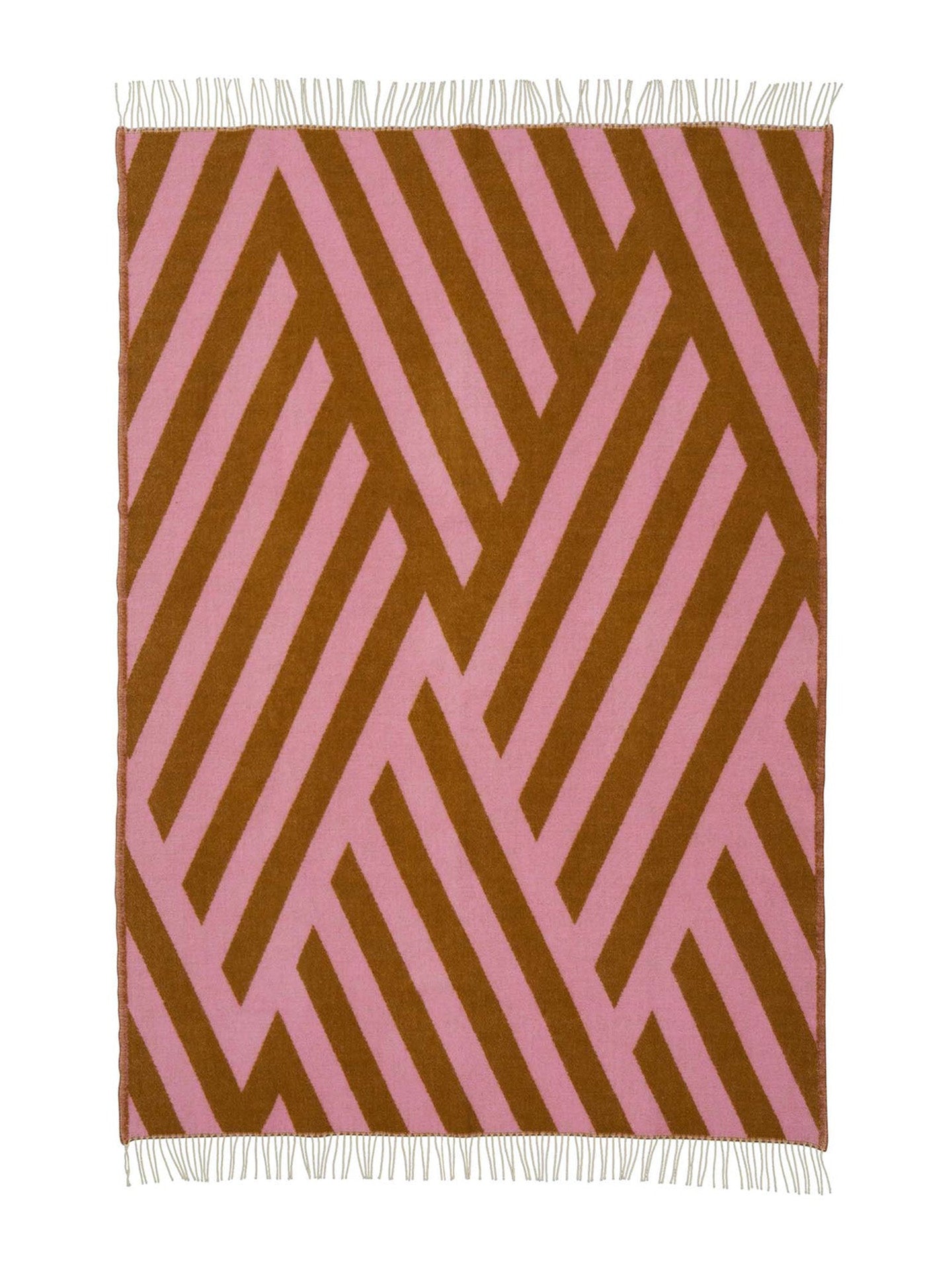 Wool throw with pink and brown chevron pattern designed by Maxjenny for Klippan Yllefabrik on a white background