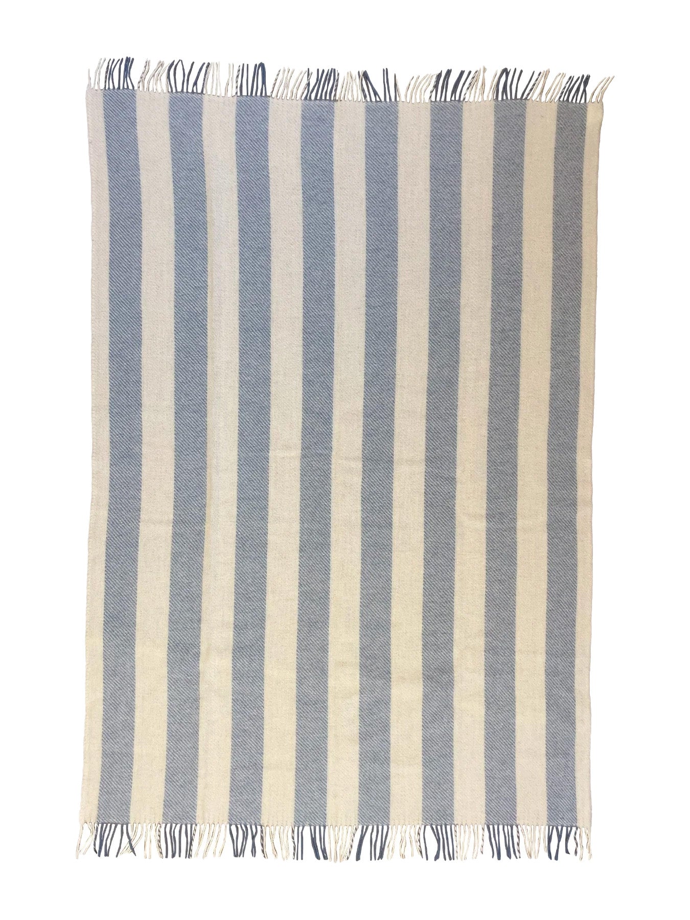 Striped throw with blue and beige colors on a white background
