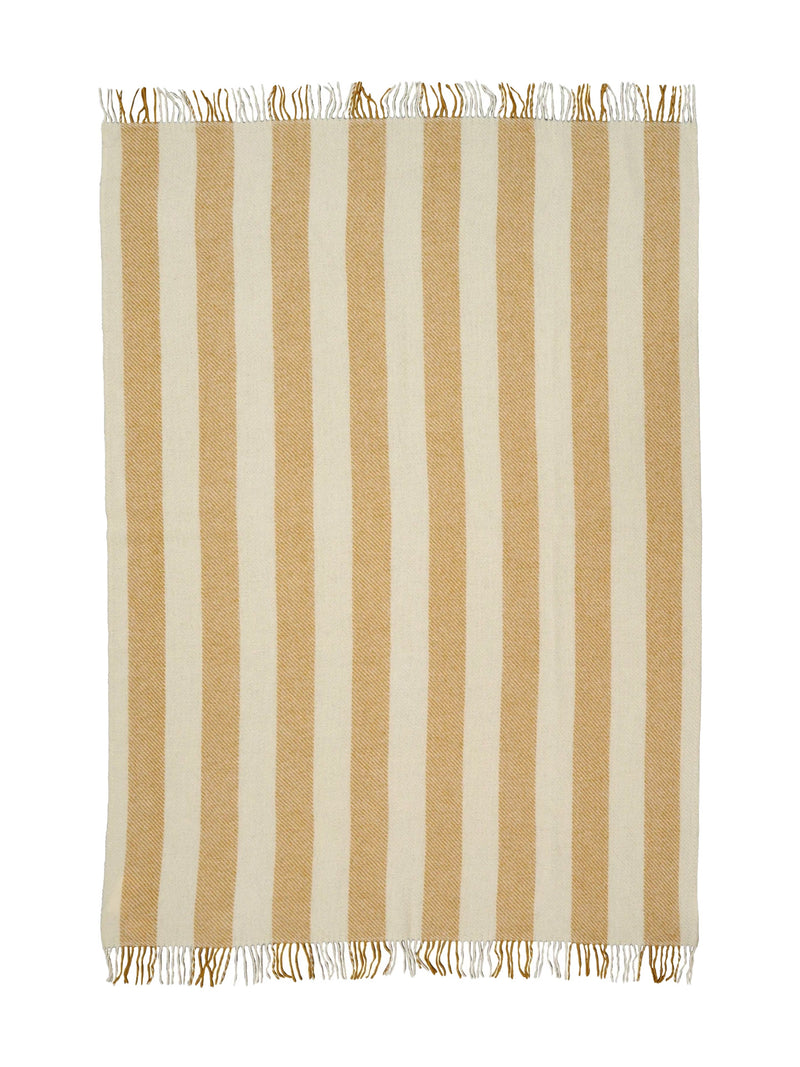 Striped throw with mustard and white stripes on a white background
