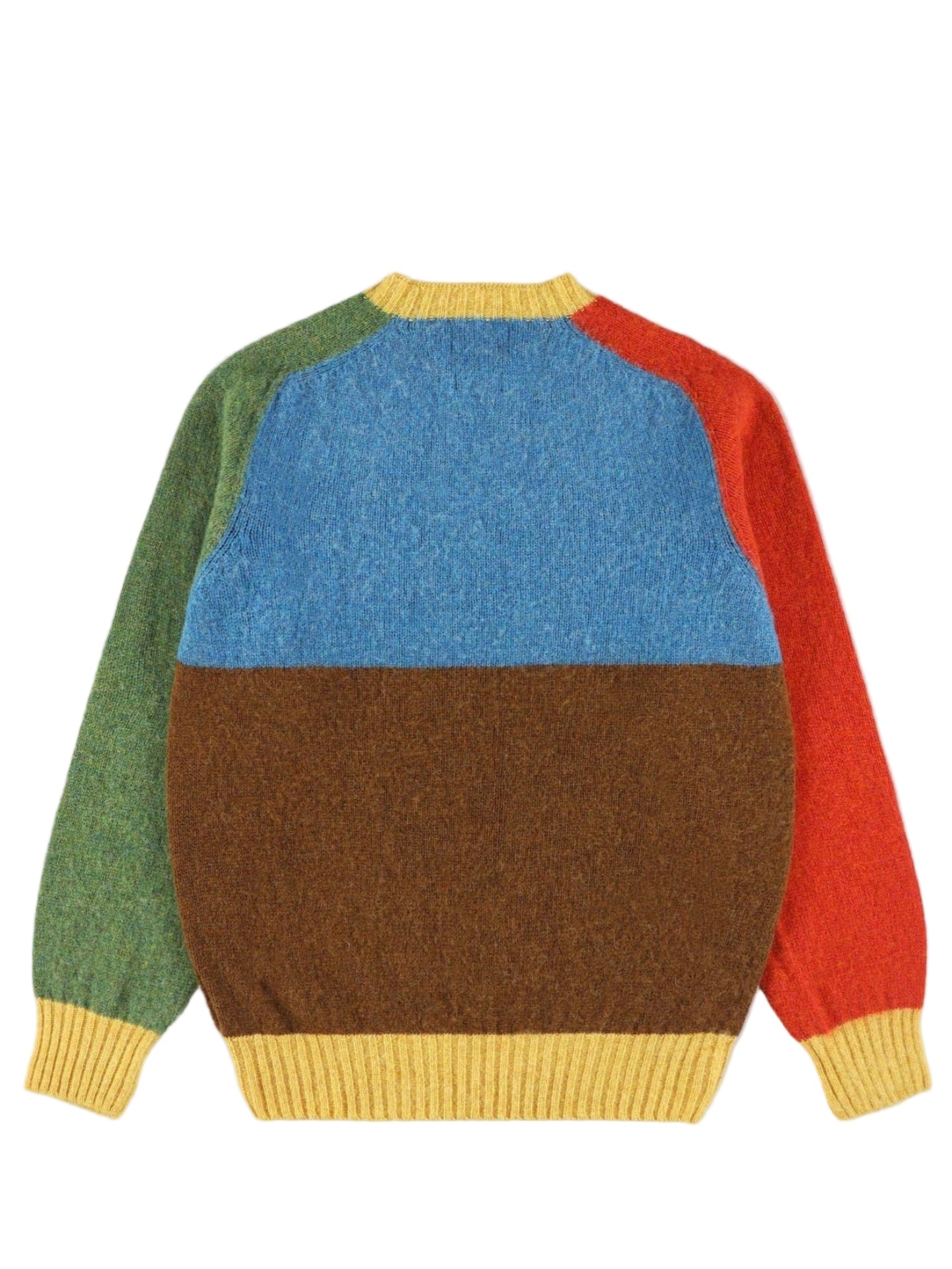 Color-blocked sweater with green, blue, brown, and red sections on a light gray background