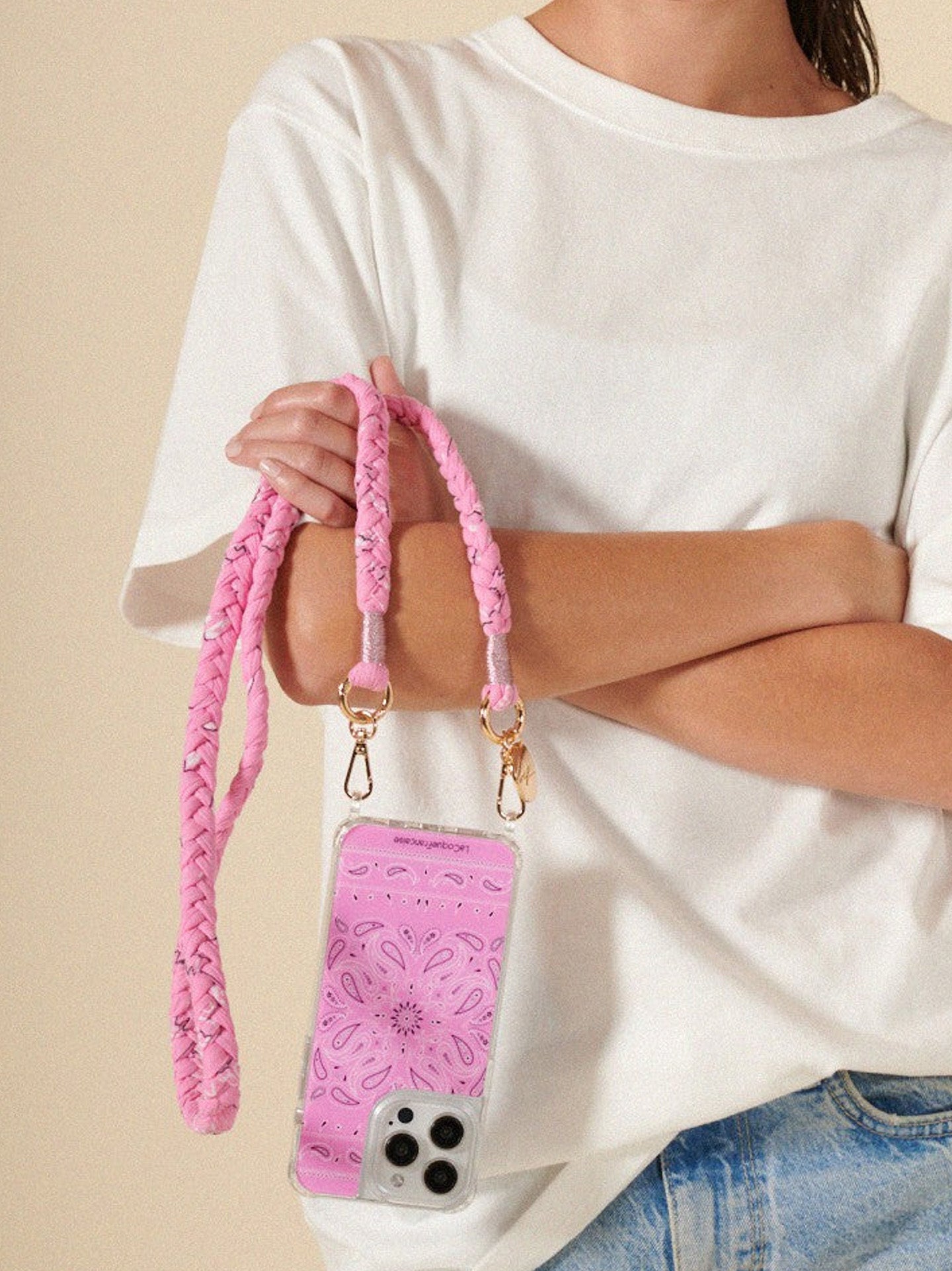 Della crossbody phone strap, braided pink bandana print
