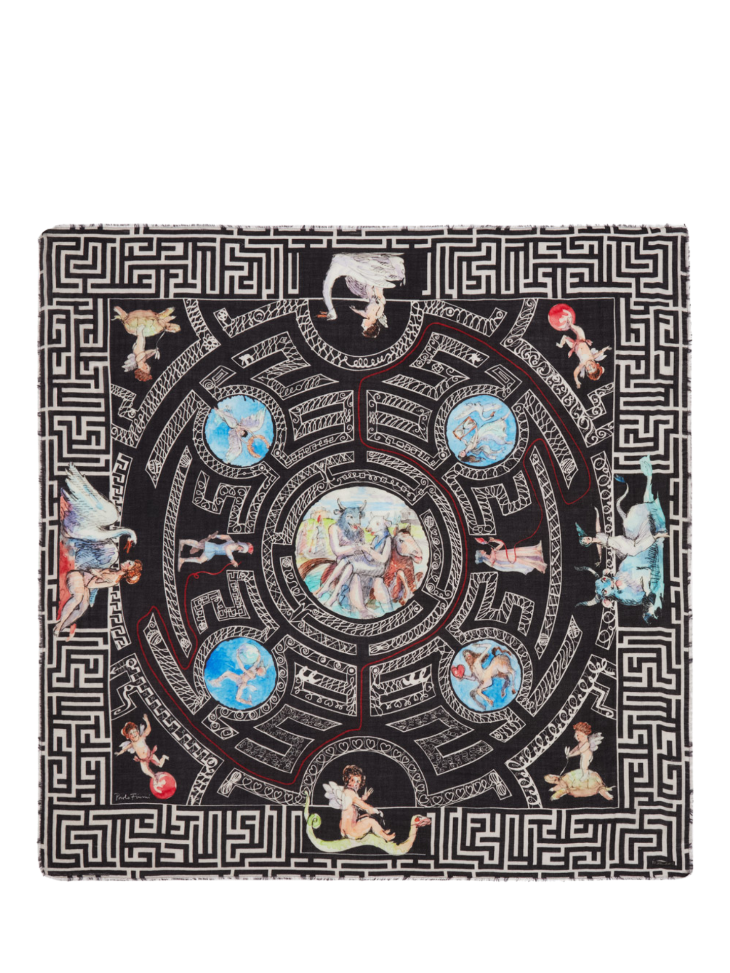 Decorative scarf with a central circular design featuring mermaids and celestial elements, framed by a geometric border.