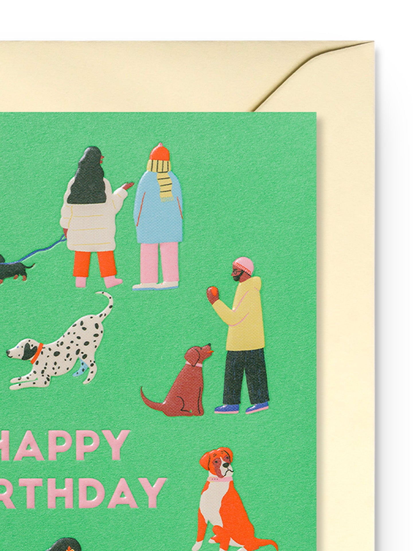 Dogs & People green illustrated birthday card by Naomi Wilkinson
