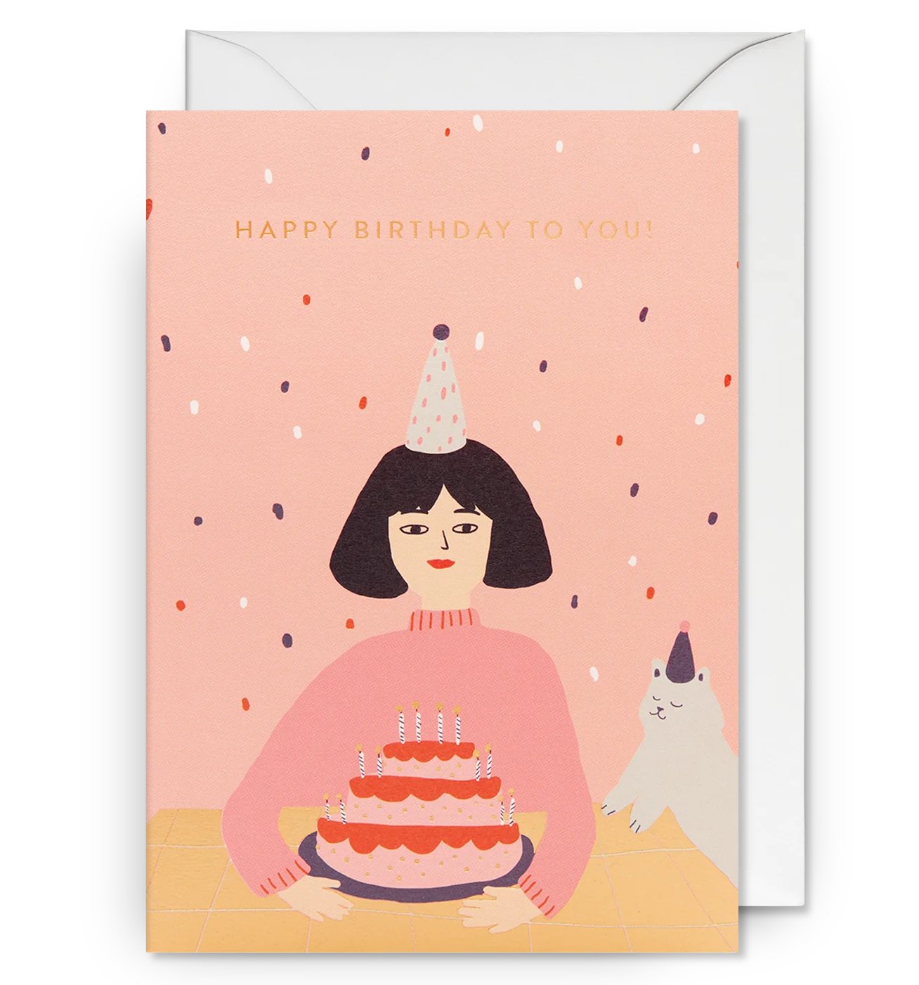 Illustrated birthday card with a person holding a birthday cake, a party hat on their head, and a dog looking on. The text 'HAPPY BIRTHDAY TO YOU!' is visible.