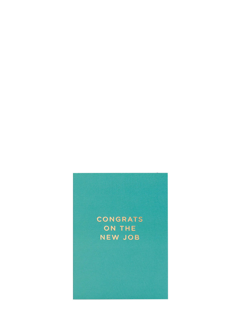 Simple mini greeting card with 'Congrats on the New Job' text on gold foil font on the solid turquoise green base, shown here on a white background