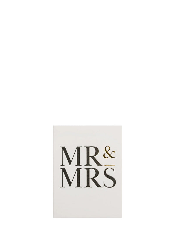 Stylish, simple mini greeting card with black, big 'MR & MRS' text on a white background