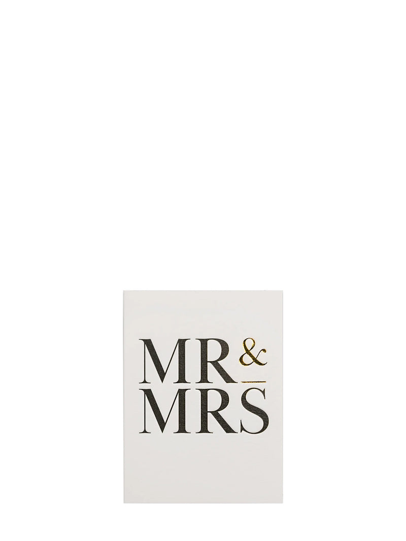 Stylish, simple mini greeting card with black, big 'MR & MRS' text on a white background