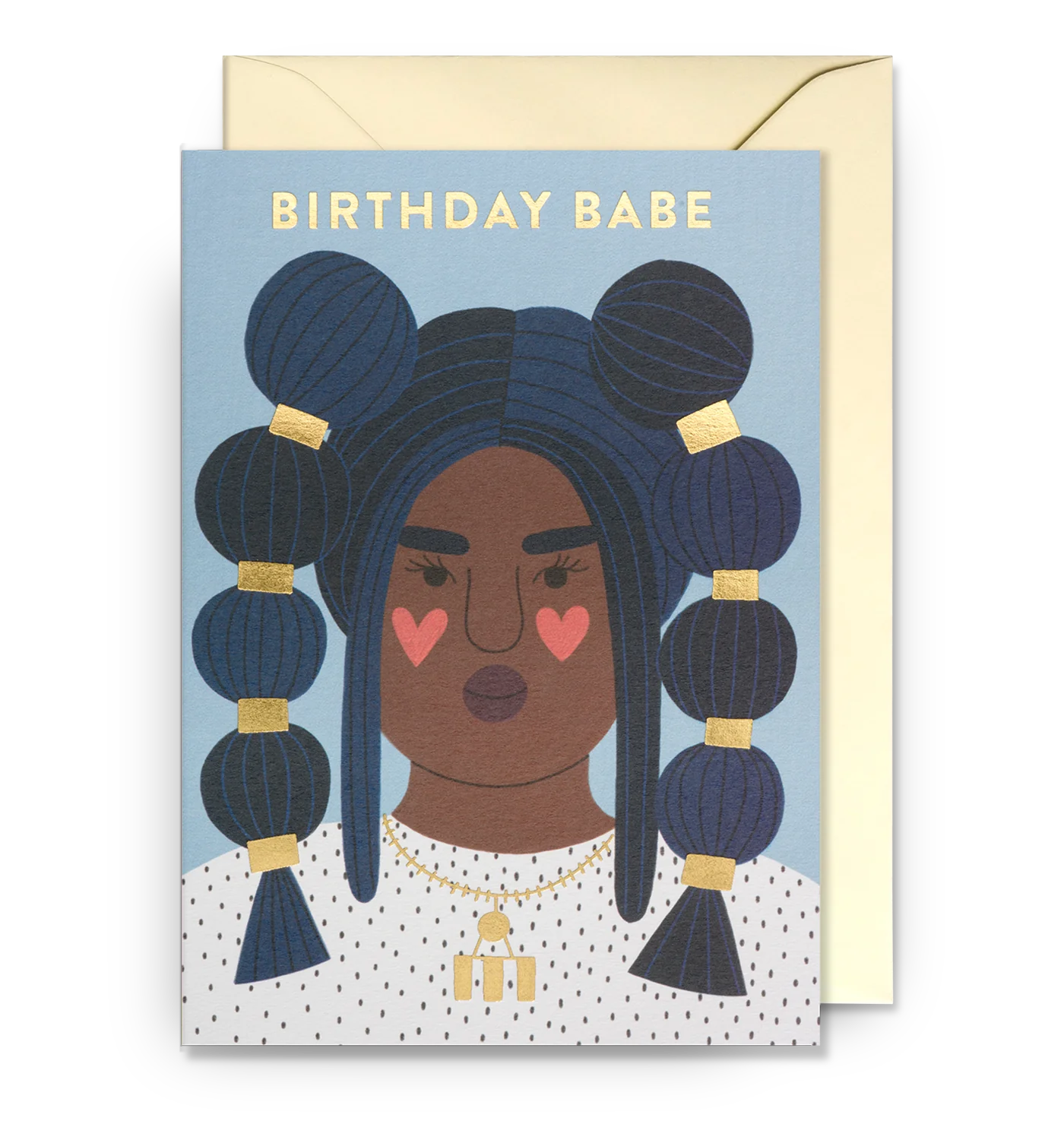 Illustrated birthday card with a female character with heart-shaped elements, and the text 'BIRTHDAY BABE' on a blue background. Includes a matching envelope.