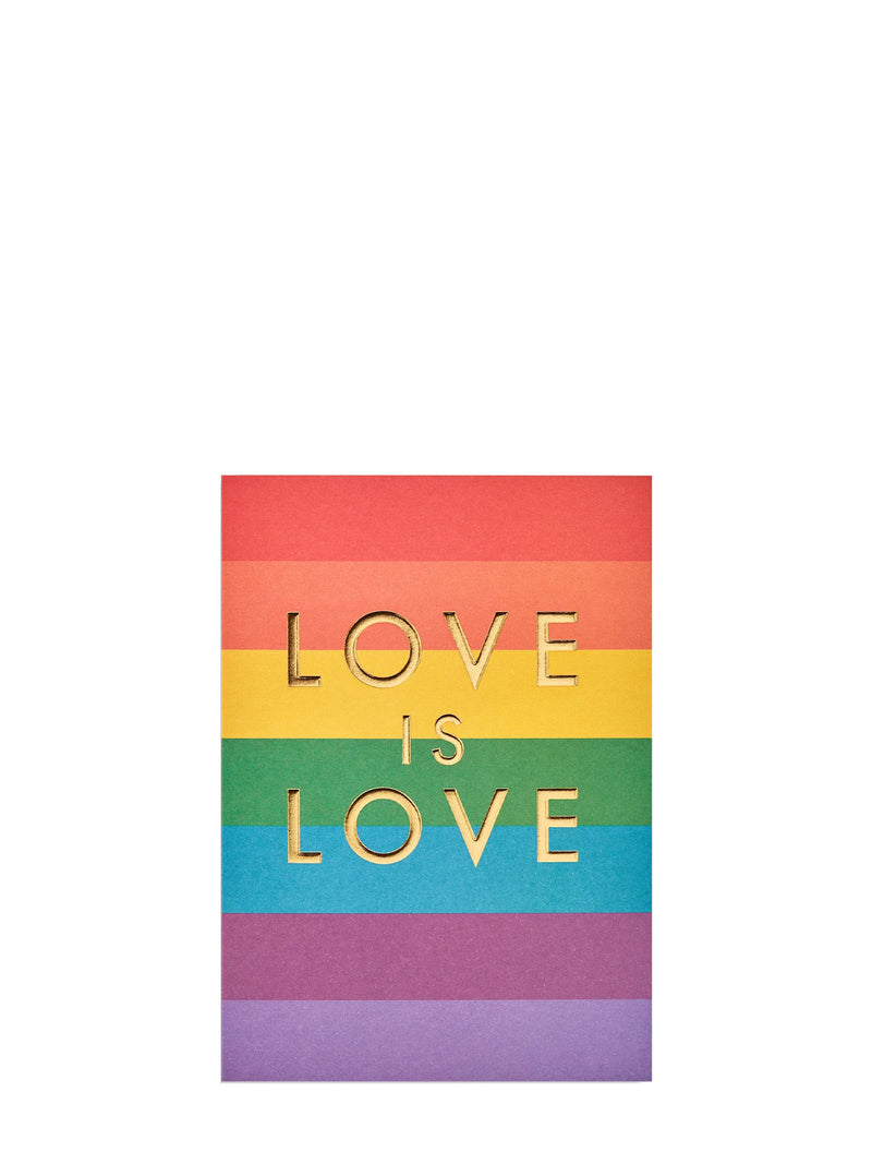 Rainbow flag with 'LOVE IS LOVE' text on a white background