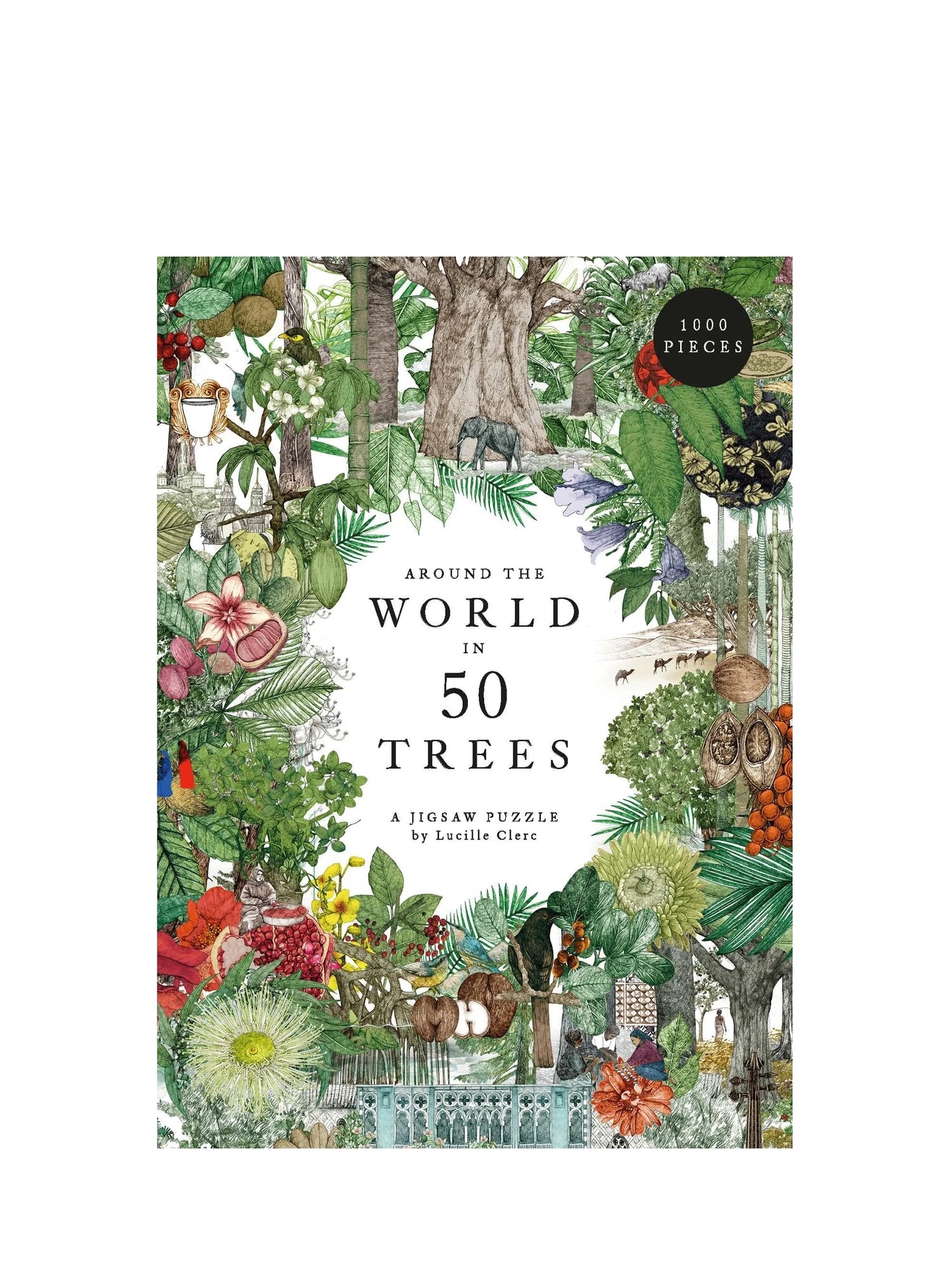 Jigsaw puzzle box with a colorful design of trees and nature on a white background