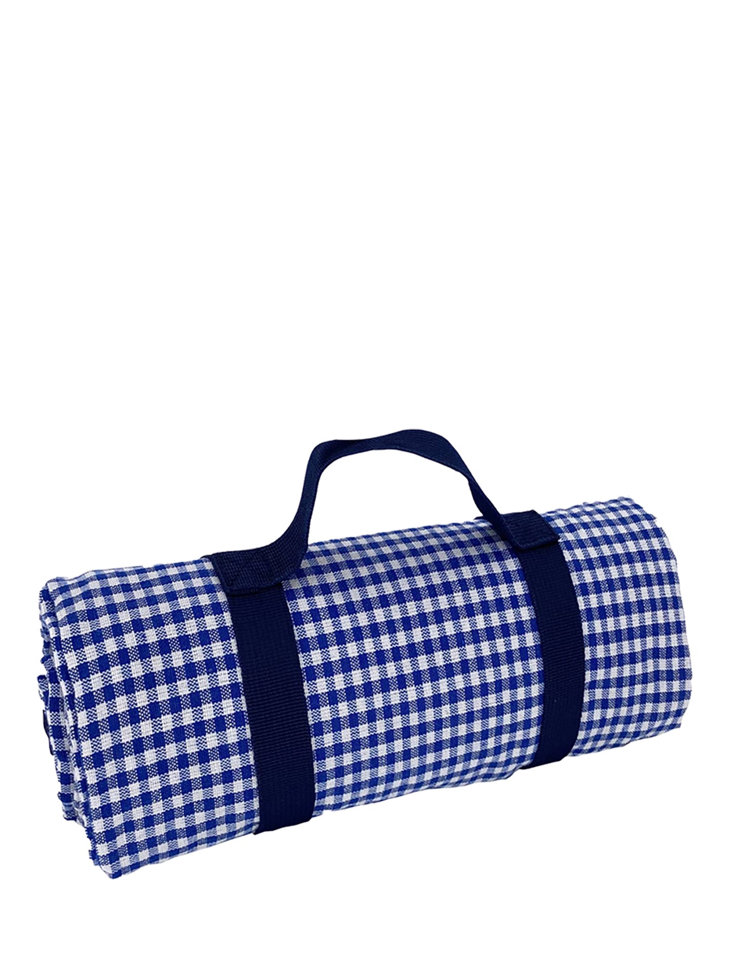 A rolled-up blue and white checkered picnic tablecloth with a handle, against a white background.
