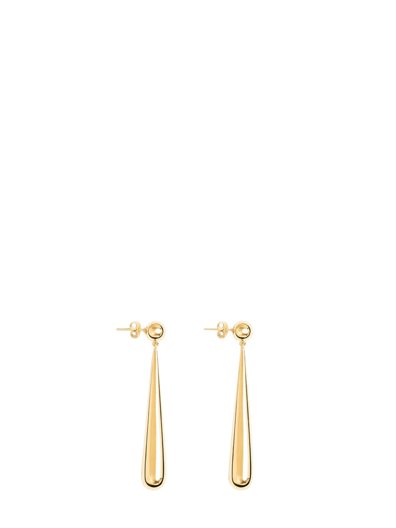A pair of gold teardrop dangle earrings with a polished finish, shown against a solid white background.