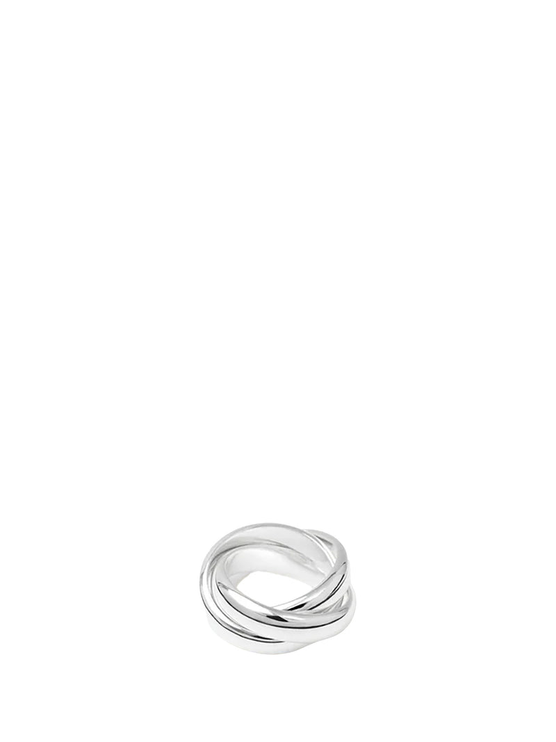 A polished silver ring with a twisted knot design, photographed on a seamless white background.