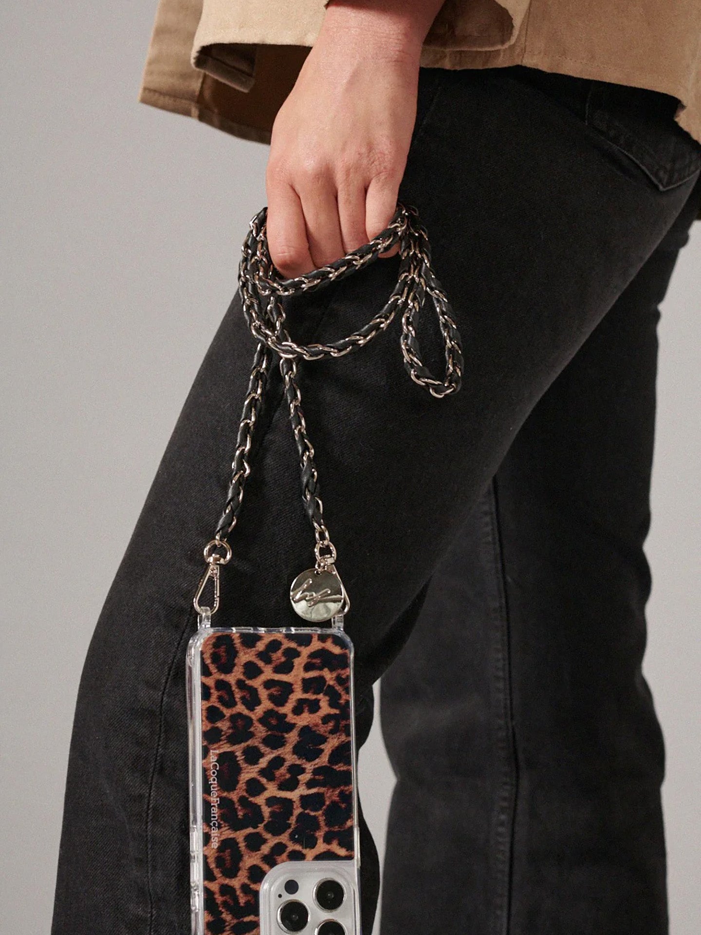 Lou crossbody phone strap, black and silver metal