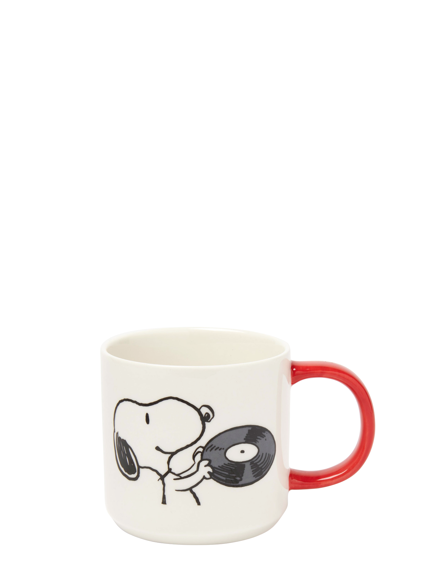 A white porcelain mug with a graphic of Snoopy and a vinyl record, featuring a red handle.