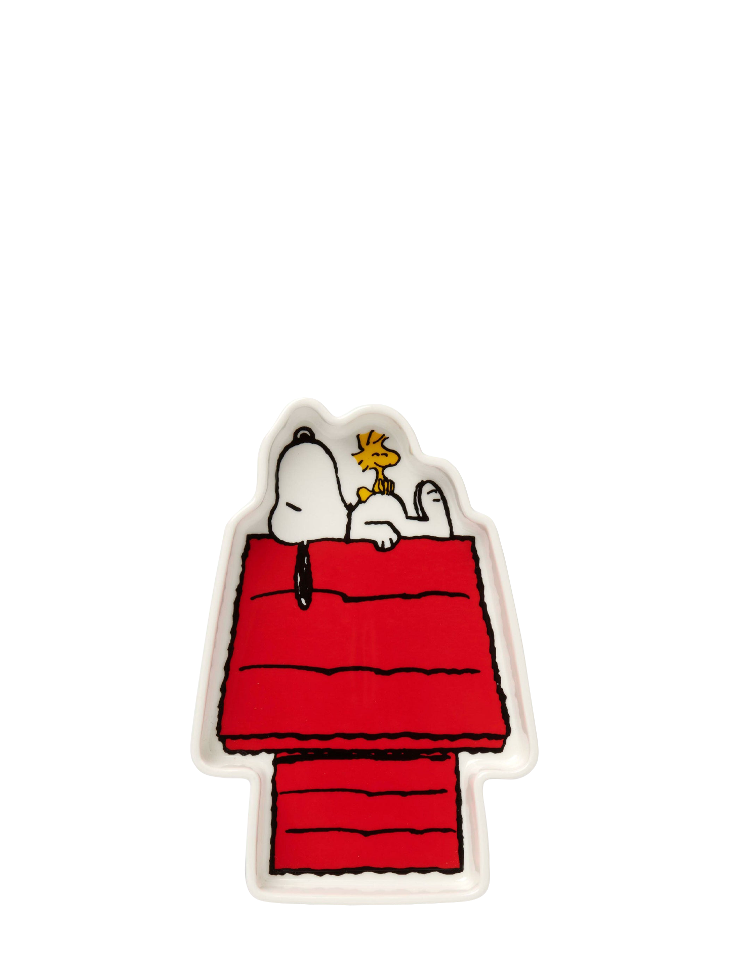A decorative trinket dish featuring the iconic Peanuts character Snoopy and his friend Woodstock, resting on a red dog house-shaped base.
