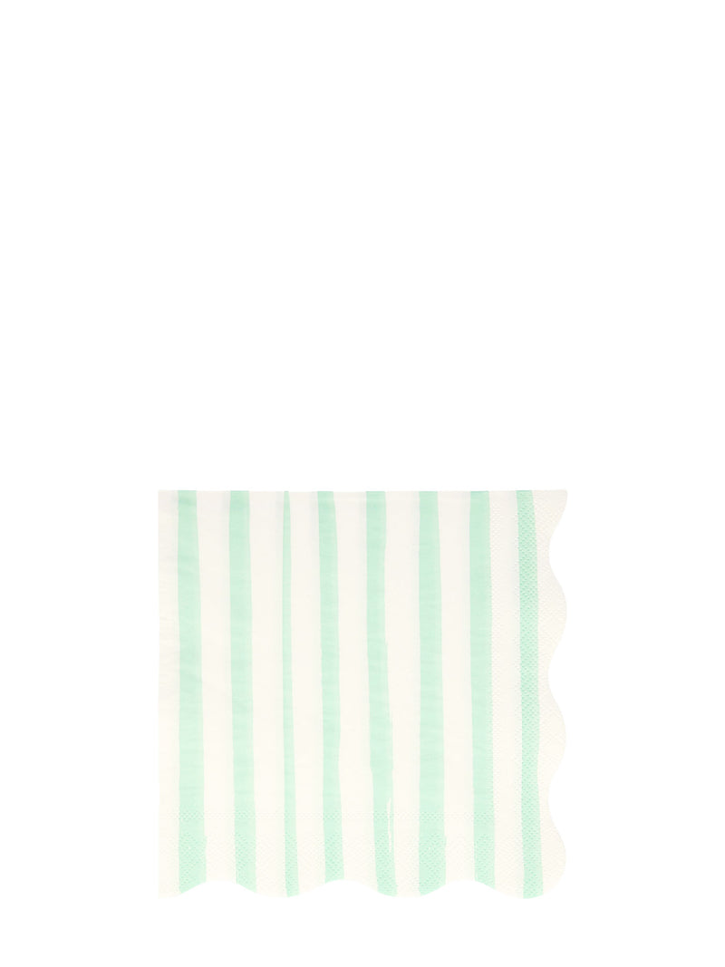 Striped napkin with mint green and white vertical stripes and 2 scalloped edges pictured on a white background