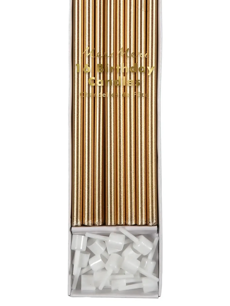 A box of 15 gold metallic birthday candles with white wax wicks visible in the clear lower section, shown on a plain white background.