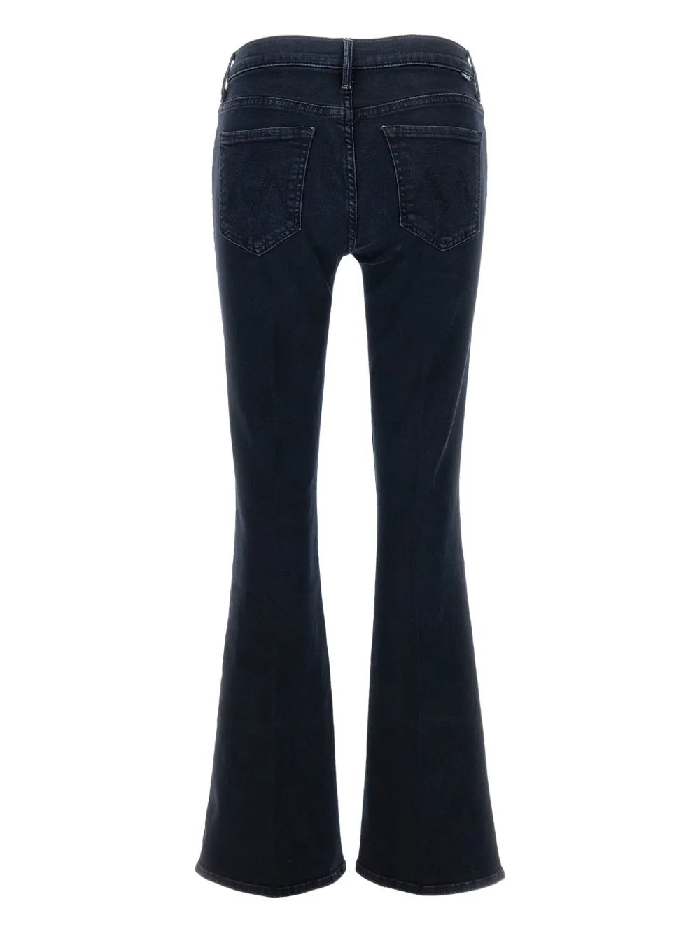 Dark blue flared jeans on a white background