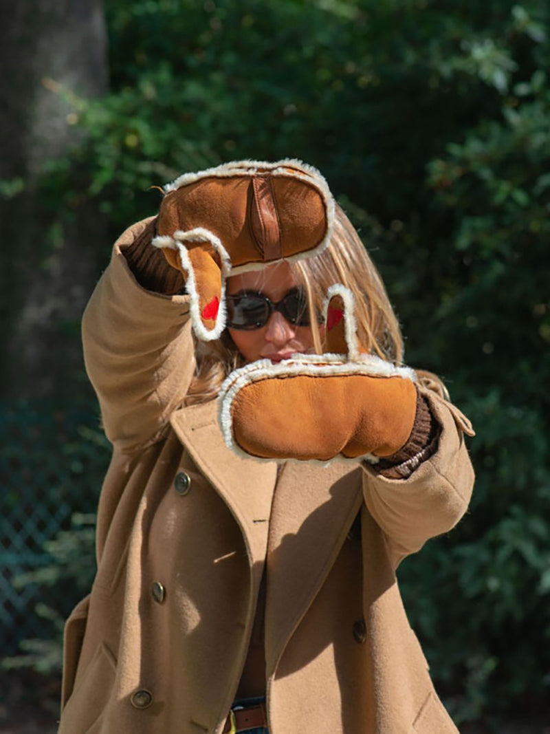Erika double face lambskin mittens with alpaca cuff, chesnut