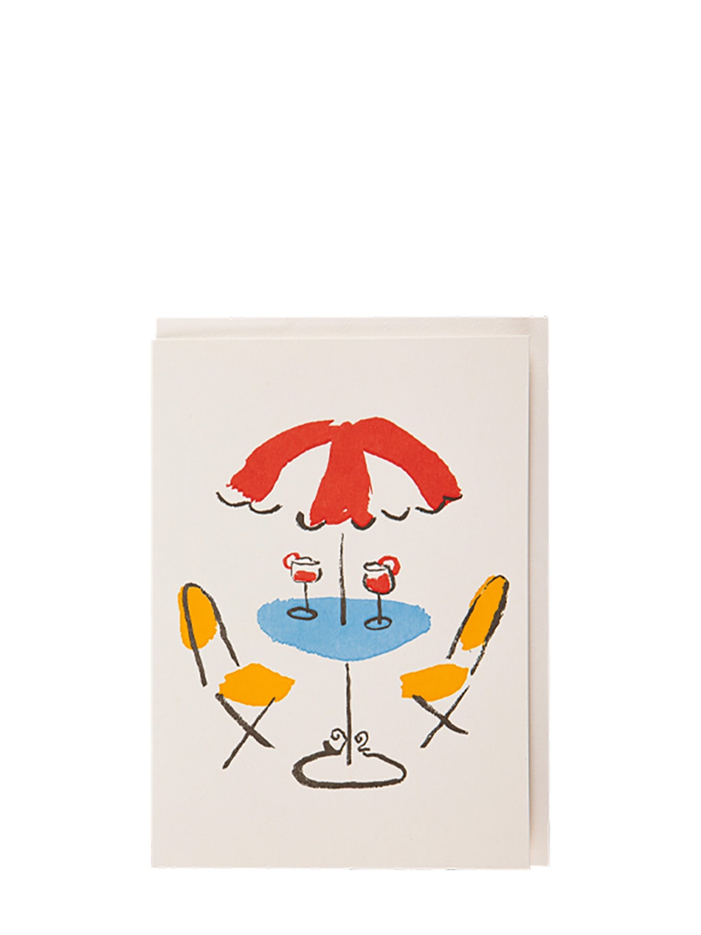 Colorful illustration of a table with two chairs and an umbrella on a white background