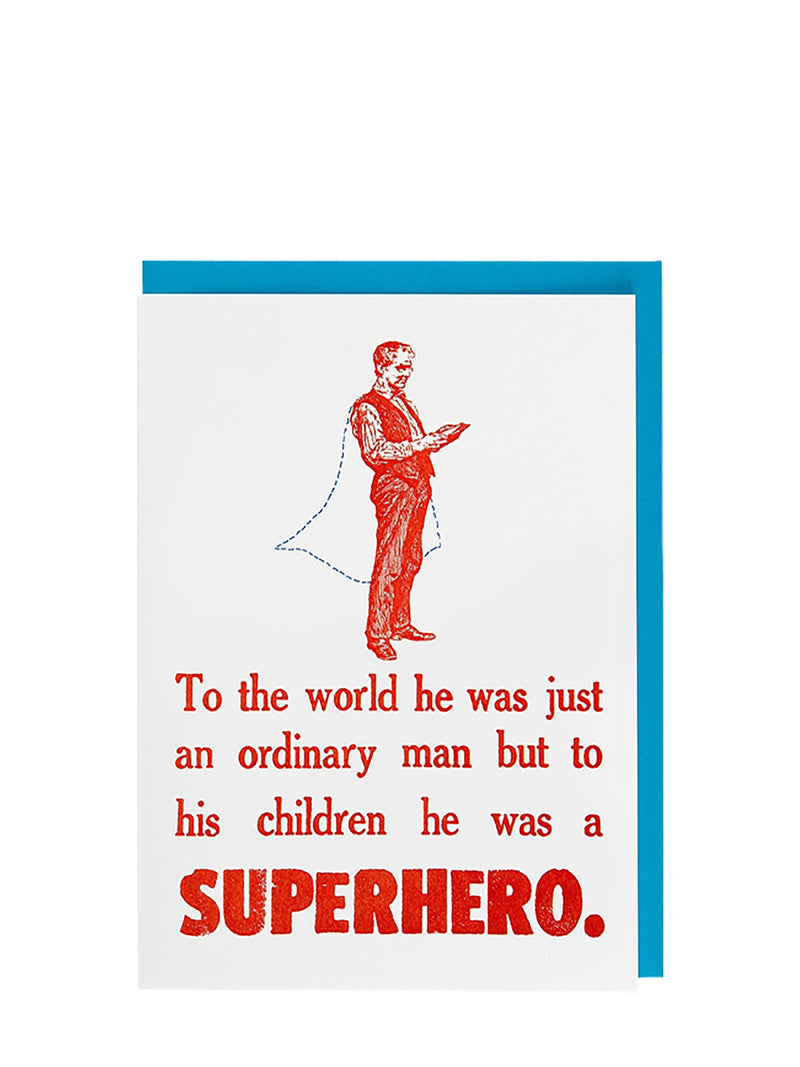 Card with red superhero illustration and text on a white background